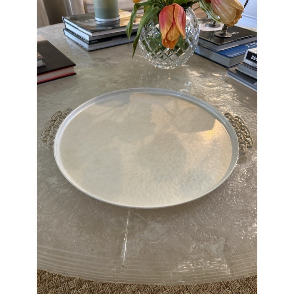 Vintage Art Deco Hollywood Regency 15" Round Tray Moire Glaze Kyes Pearl White